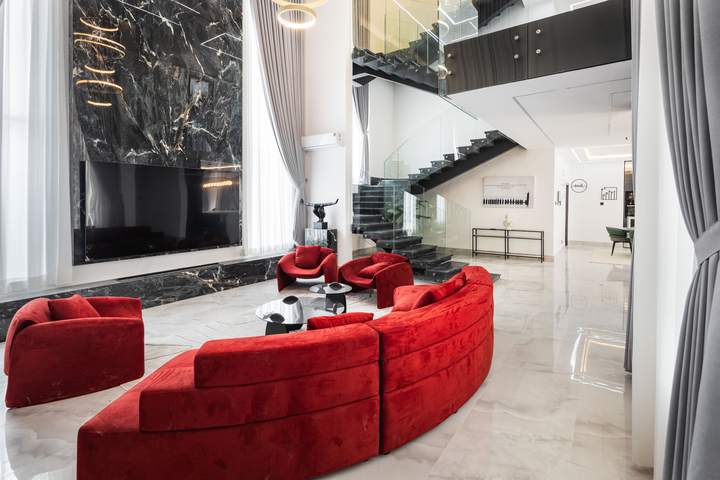 Living room below the double-height hall