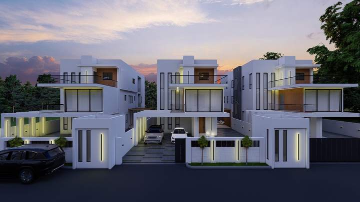 Row of homes at dusk